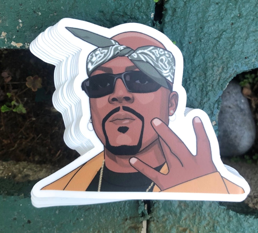 West Coast G funk singer portrait sticker in a bandana and sunglasses