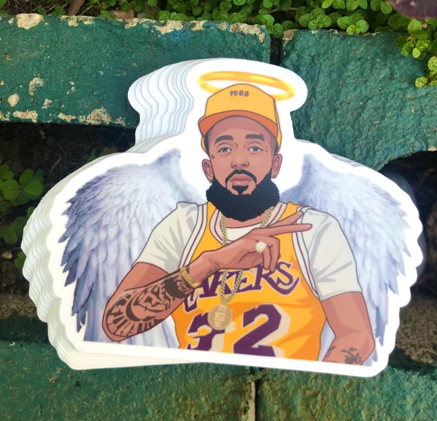 West Coast rap legend tribute portrait sticker in purple and gold basketball colors