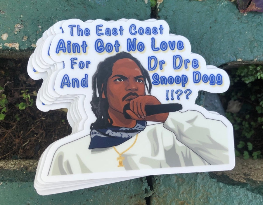 90s hip hop sticker with an awards show quote about East Coast West Coast love