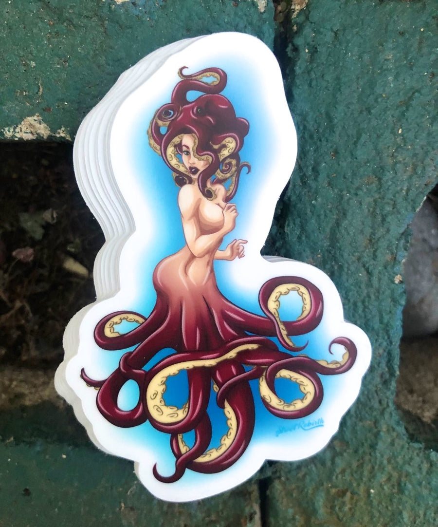 Animated sea witch octopus villain character sticker in bold flat color art