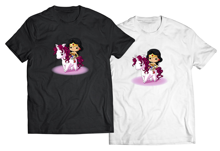 Chibi Wonder Woman Riding a Unicorn Shirt – Cute, Magical, and Mighty