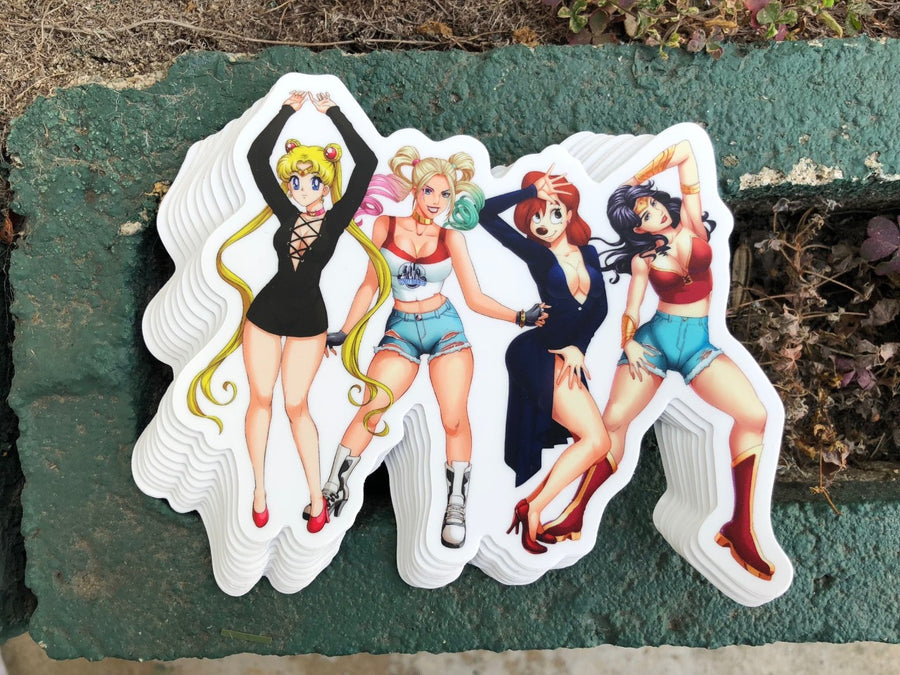 Waterproof vinyl sticker featuring an original cartoon-style illustration
