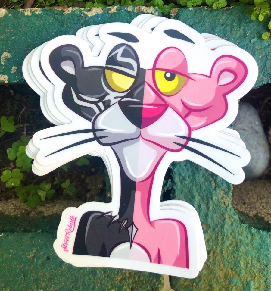 Cartoon panther mashup sticker combining a pink panther and a black panther