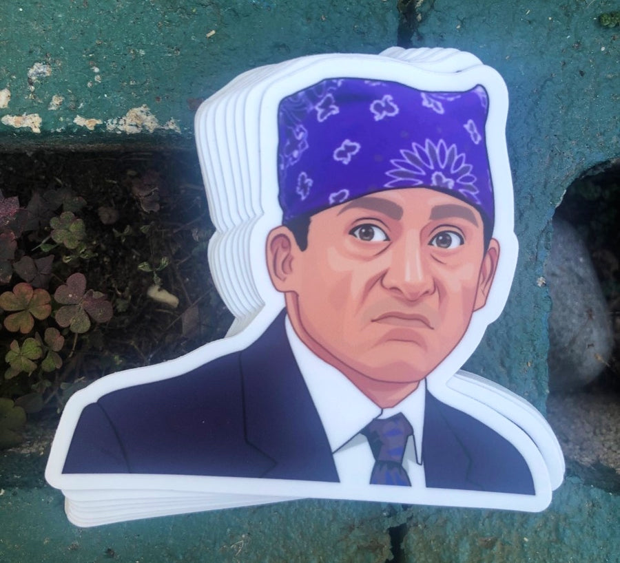 Large 7 inch office comedy sticker of a prison alter ego character in a bandana