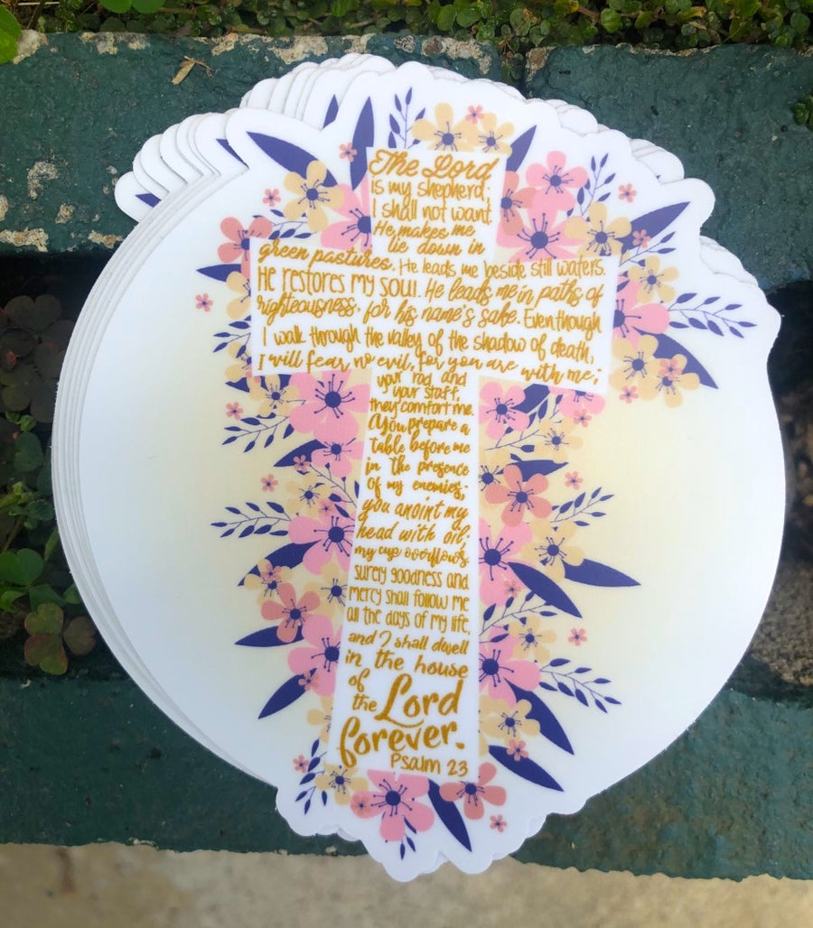 Psalm 23 cross sticker with floral scripture art in pastel and gold