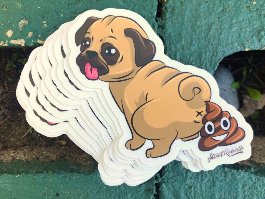 Funny pug sticker with dog poop bathroom humor cartoon art
