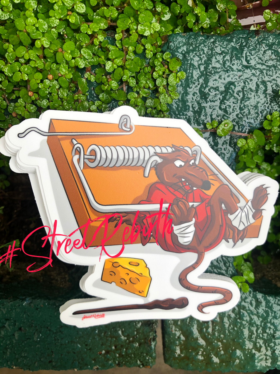 Cartoon ninja rat sensei caught in a wooden mouse trap next to a wedge of cheese
