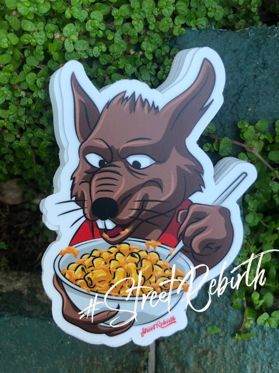 Cartoon ninja rat sensei eating a bowl of mac and cheese with a fork