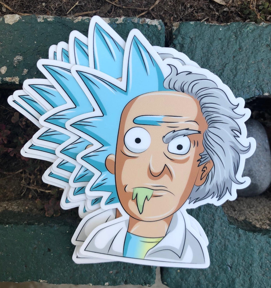 Split face mashup sticker of two mad scientists, spiked blue hair on one side and wild white hair on the other