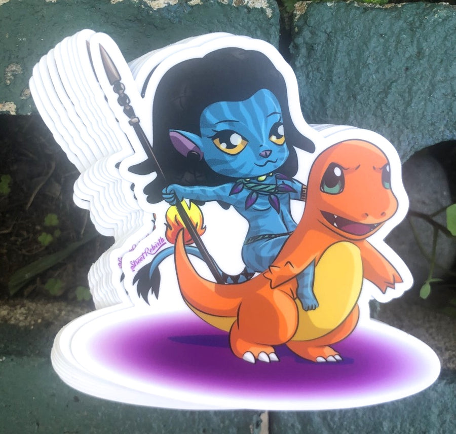 Sci fi fantasy sticker of a playful blue alien huntress riding a small fire lizard