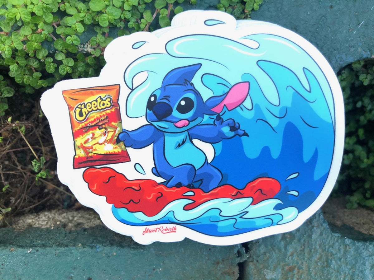 1 Stitch Blue Alien Riding Hot Chips Sticker – One 4 Inch Water Proof Vinyl Sticker – For Hydro Flask, Skateboard, Laptop, Planner, Car, Collecting, Gifting