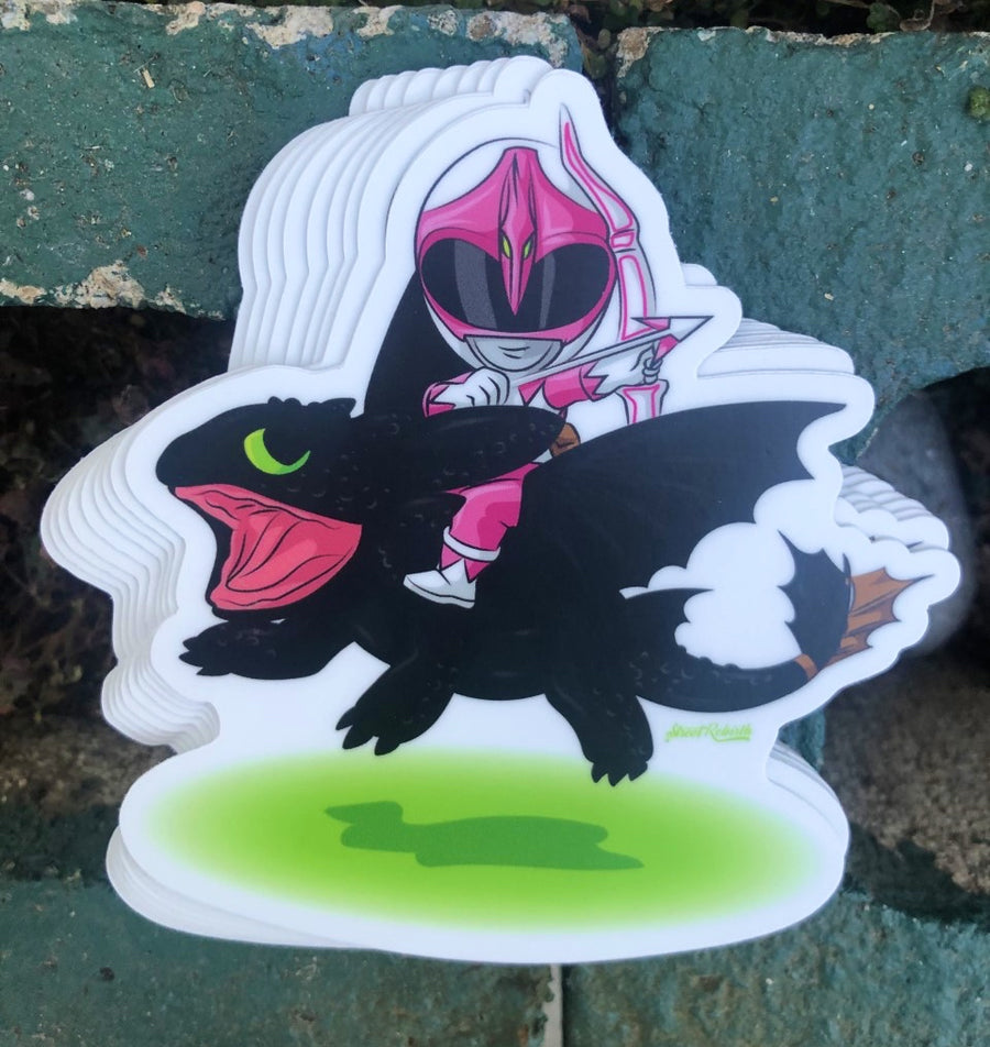 90s ranger riding a dragon in a fantasy mashup sticker