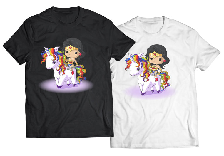 Chibi Wonder Woman Riding a Unicorn Shirt – Cute, Magical, and Mighty
