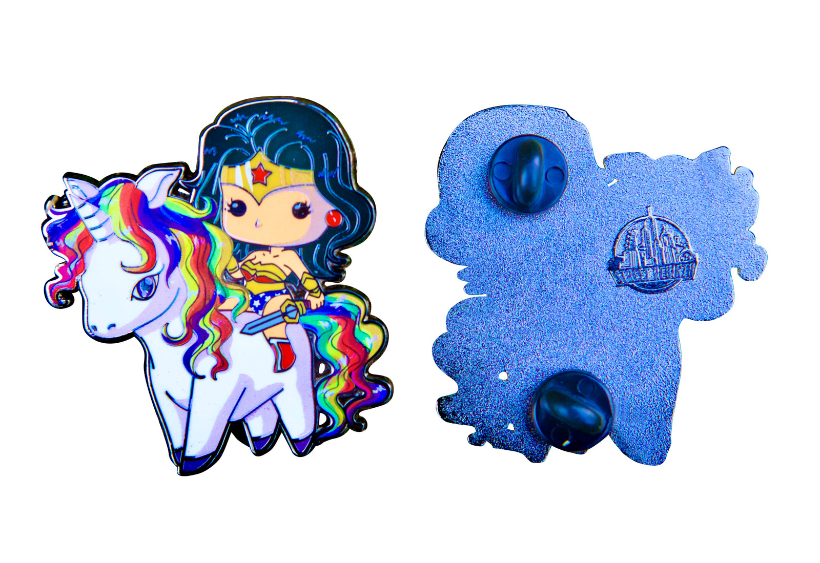 Chibi Wonder Woman Riding a Unicorn Enamel Pin – A Magical Heroic Mashup
