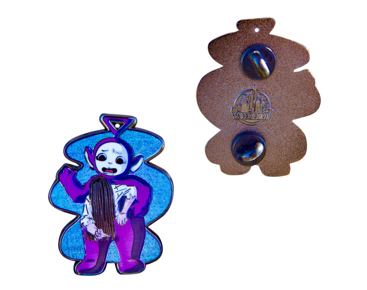 The Ring Girl Emerging from a Teletubby Enamel Pin – A Darkly Creative Mashup