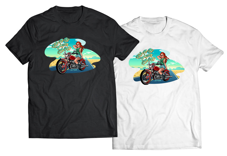 Roxanne Cousin on a Harley "Til the Wheels Fall Off" DTG-Printed Shirt – Ride in Style