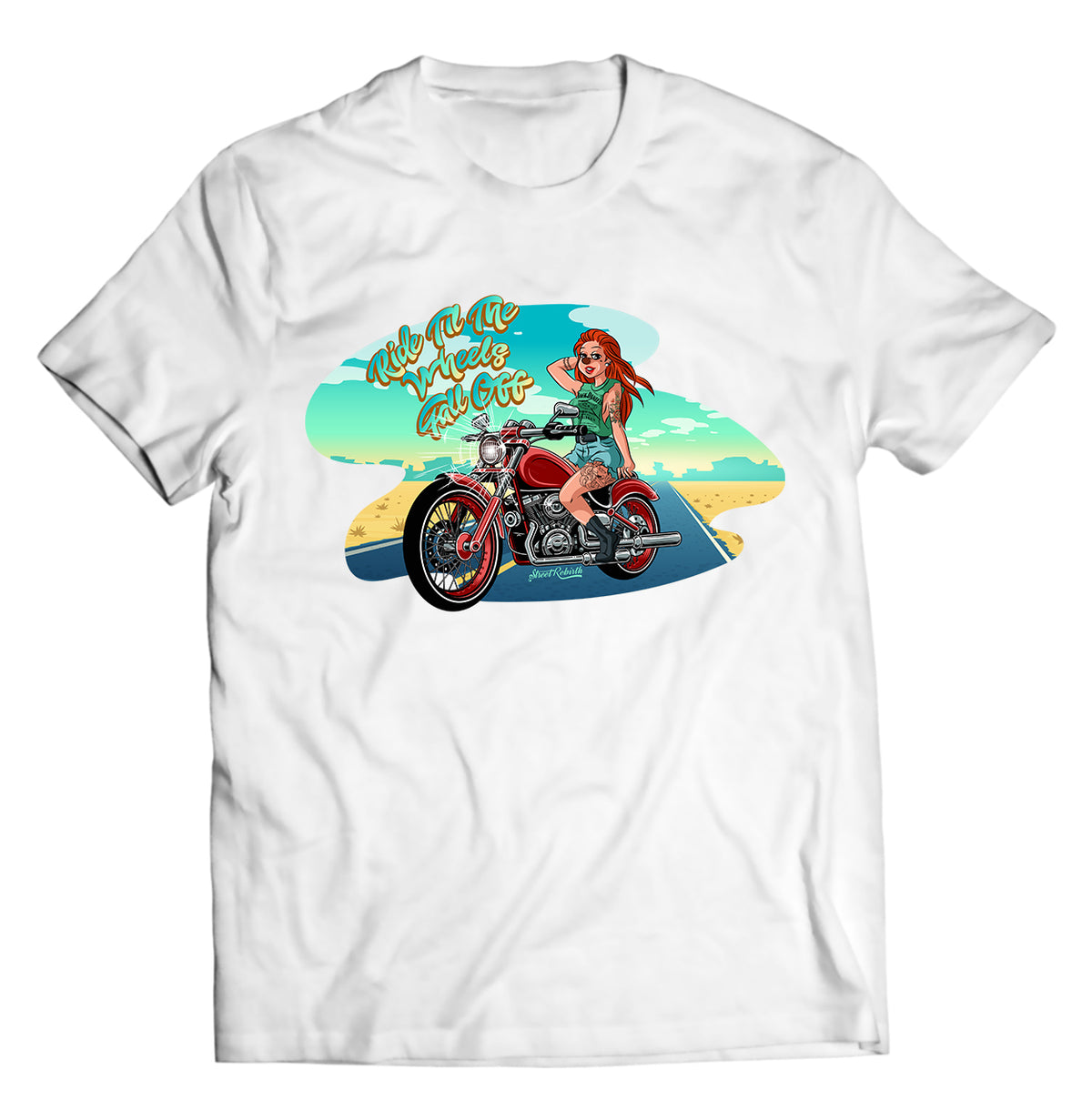 Roxanne Cousin on a Harley &quot;Til the Wheels Fall Off&quot; DTG-Printed Shirt – Ride in Style