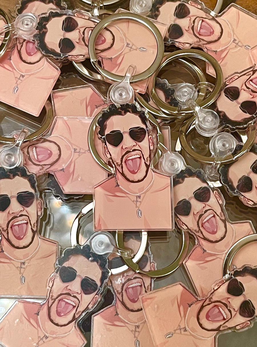 Acrylic keychain featuring an original hip hop music illustration