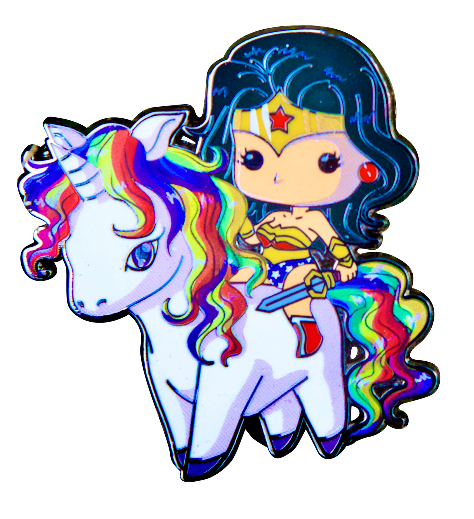 Chibi Wonder Woman Riding a Unicorn Enamel Pin – A Magical Heroic Mashup