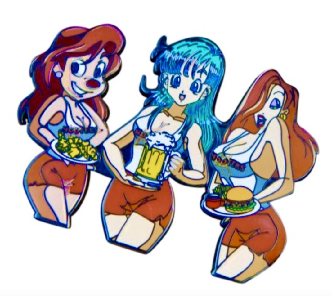 Roxanne, Bulma, and Jessica Rabbit Hooters Enamel Pin – Iconic Trio Serving Style and Nostalgia