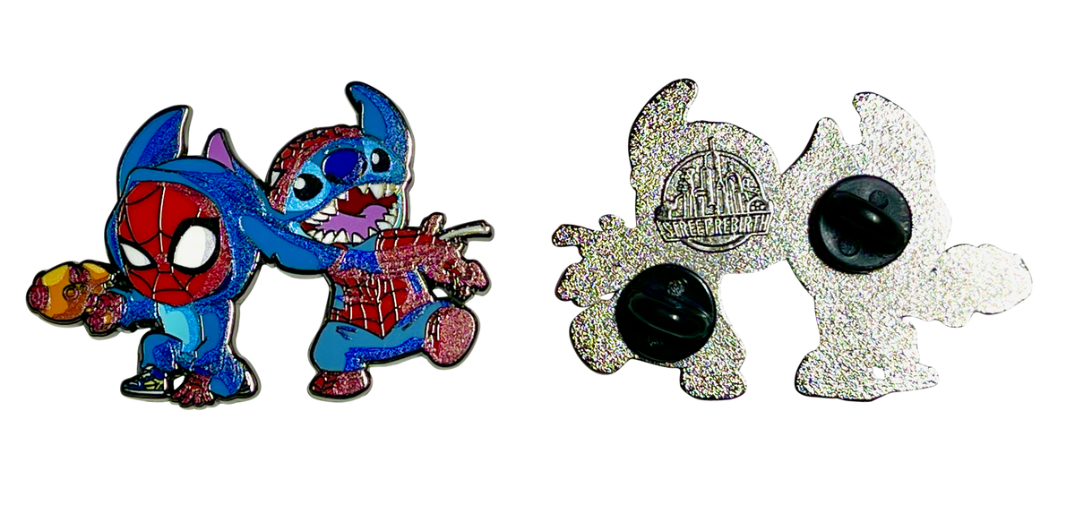 Stitch and Spidey Outfit Swap Enamel Pin – A Quirky Mashup of Heroics and Mischief