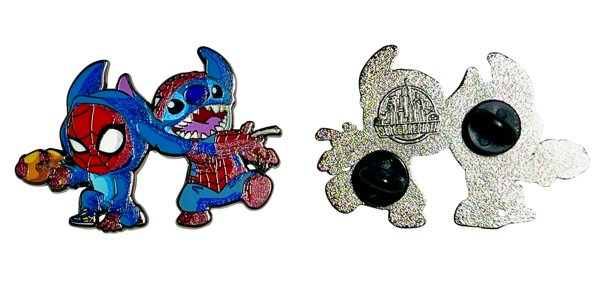 Stitch and Spidey Outfit Swap Enamel Pin – A Quirky Mashup of Heroics and Mischief