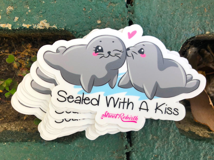 Waterproof vinyl sticker featuring an original romantic humorous illustration