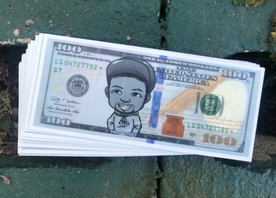 Waterproof vinyl sticker featuring an original money-themed illustration
