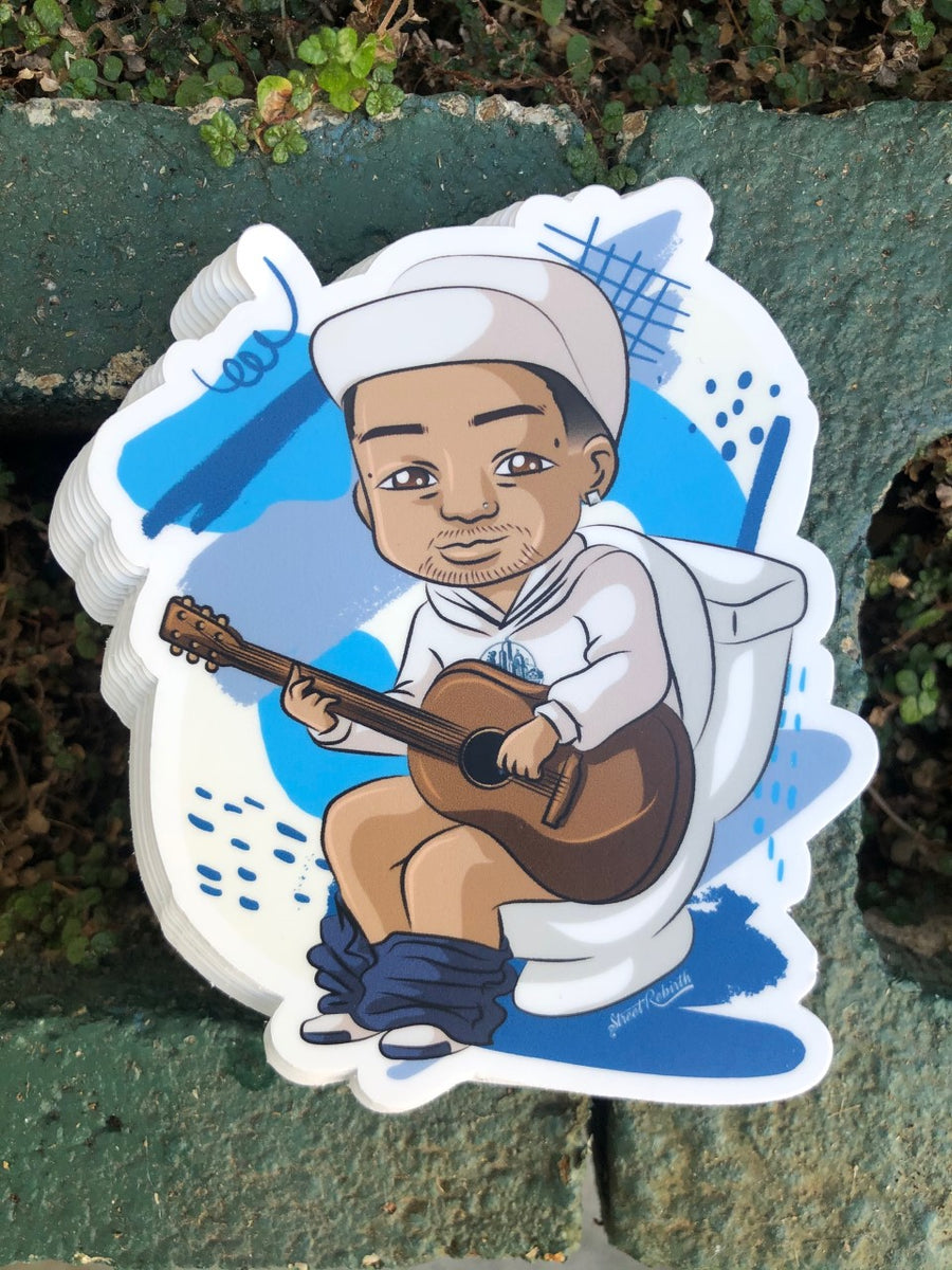 Waterproof vinyl sticker featuring an original music humorous illustration