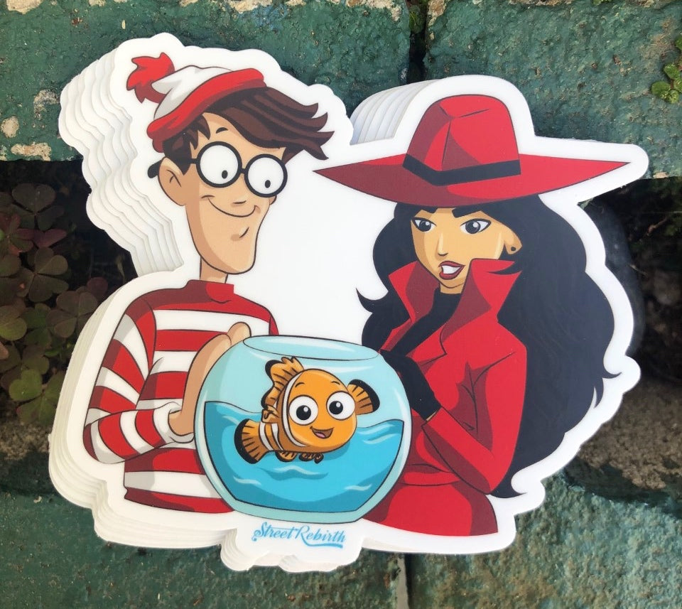 Waldo, Nemo, and Carmen Sandiego Hanging Out Sticker – One 4 Inch Water Proof Vinyl  Sticker – For Hydro Flask, Skateboard, Laptop, Planner, Car, Collecting, Gifting