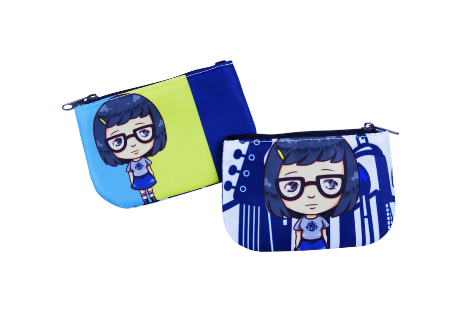 Compact coin purse with an original humorous cartoon-style printed design