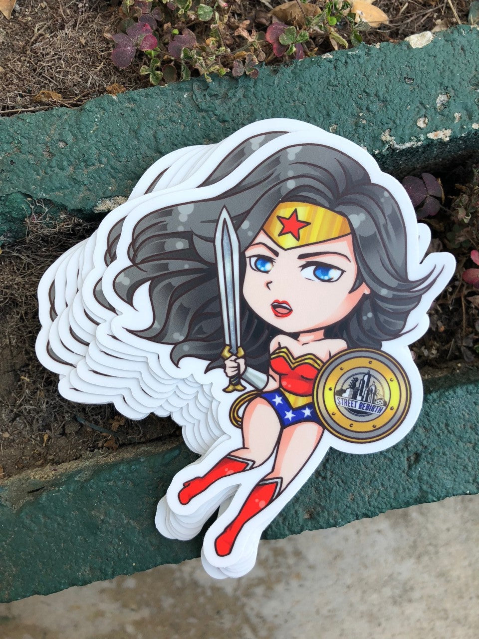 Chibi Wonder Woman with Street Rebirth Shield and Sword Vinyl Sticker – Cute and Mighty