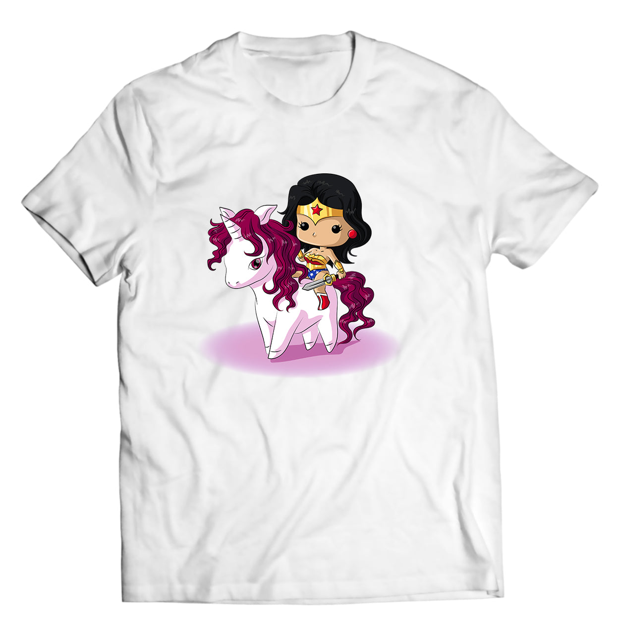 Chibi Wonder Woman Riding a Unicorn Shirt – Cute, Magical, and Mighty