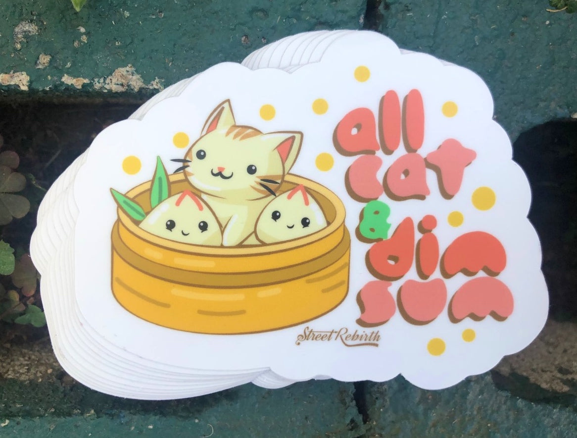 All Cat And Dim Sum Sticker – One 4 Inch Water Proof Vinyl Sticker – For Hydro Flask, Skateboard, Laptop, Planner, Car, Collecting, Gifting