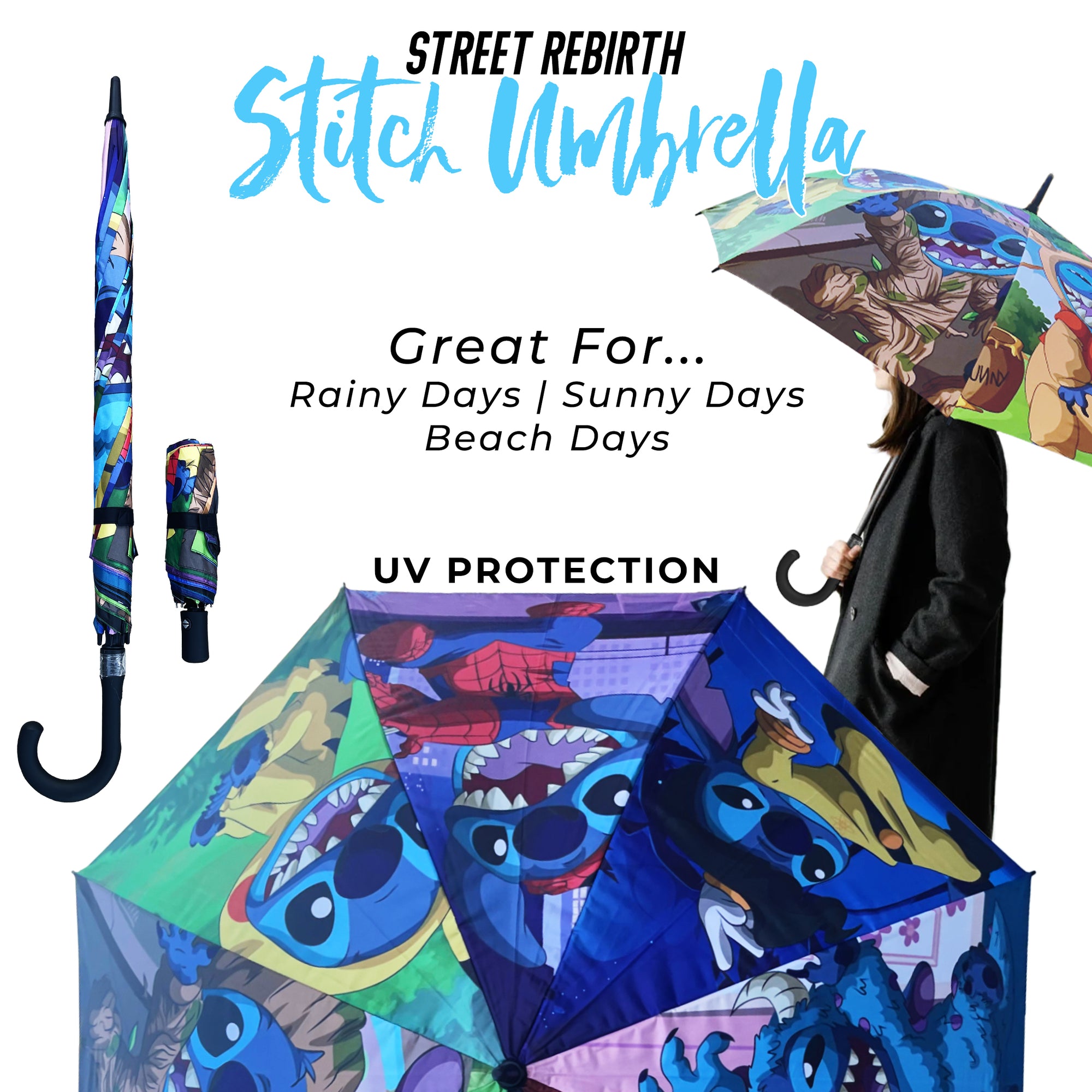 Long Hook Version - Street Rebirth Umbrella - Stitch Umbrella, Cute Fun Cartoon Sun UV Protection Umbrella, PreTeens Teenage Student Kids Adults Gifts