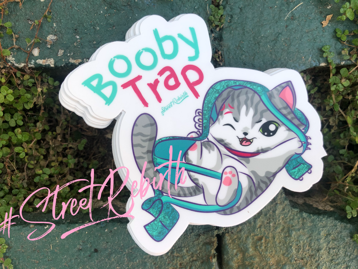 Booby Trap&quot; Vinyl Sticker – Hilarious Cat-in-a-Bra Pun Design