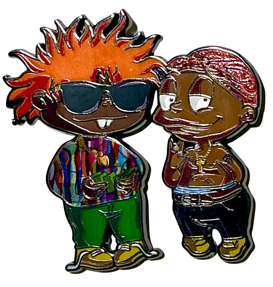 Collectible enamel lapel pin featuring an original hip hop music humorous design