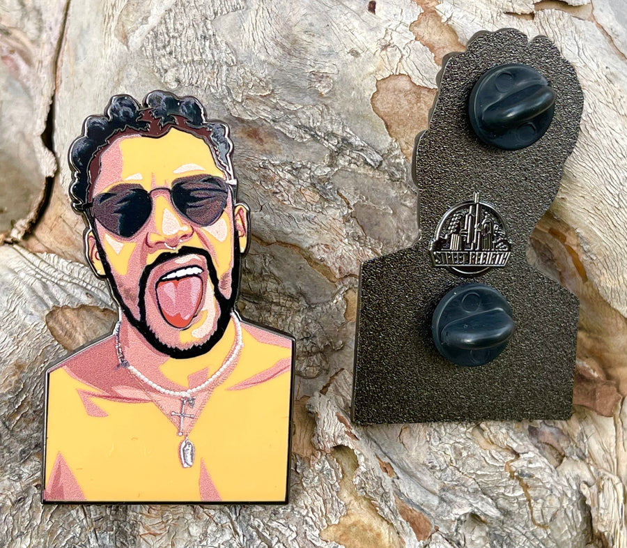 Collectible enamel lapel pin featuring an original hip hop music design