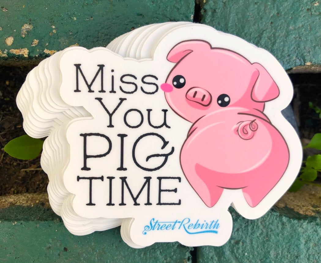 1 miss you pig time Sticker – One 4 Inch Water Proof Vinyl Sticker – For Hydro Flask, Skateboard, Laptop, Planner, Car, Collecting, Gifting