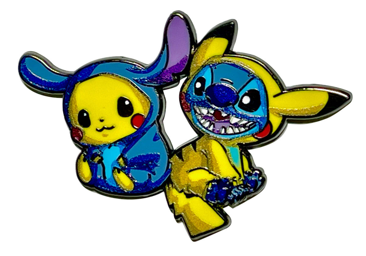 Stitch as Pikachu and Pikachu as Stitch Enamel Pin – A Shocking Mashup of Mischief and Cuteness