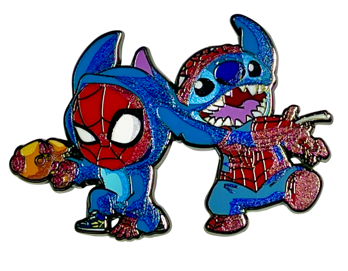 Stitch and Spidey Outfit Swap Enamel Pin – A Quirky Mashup of Heroics and Mischief