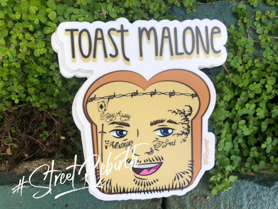 Toast Malone sticker turning a slice of toast into a music parody pun character