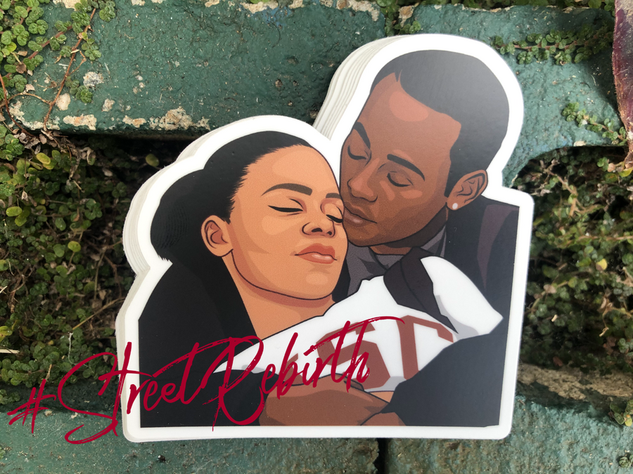 Waterproof vinyl sticker featuring an original basketball romantic illustration