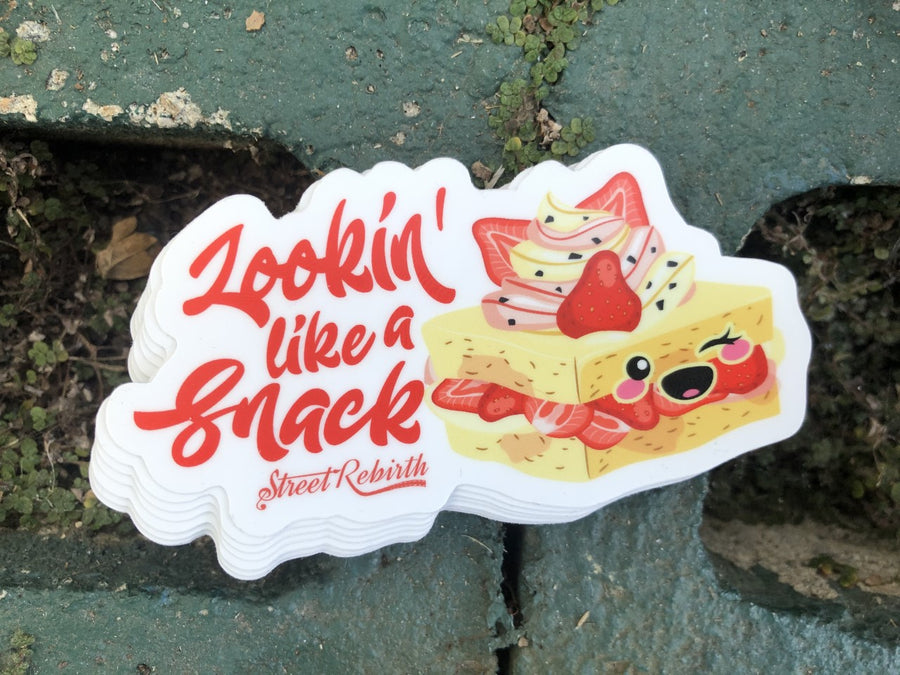 Waterproof vinyl sticker featuring an original food-themed humorous illustration