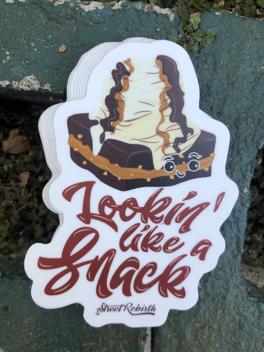 Waterproof vinyl sticker featuring an original food-themed humorous illustration