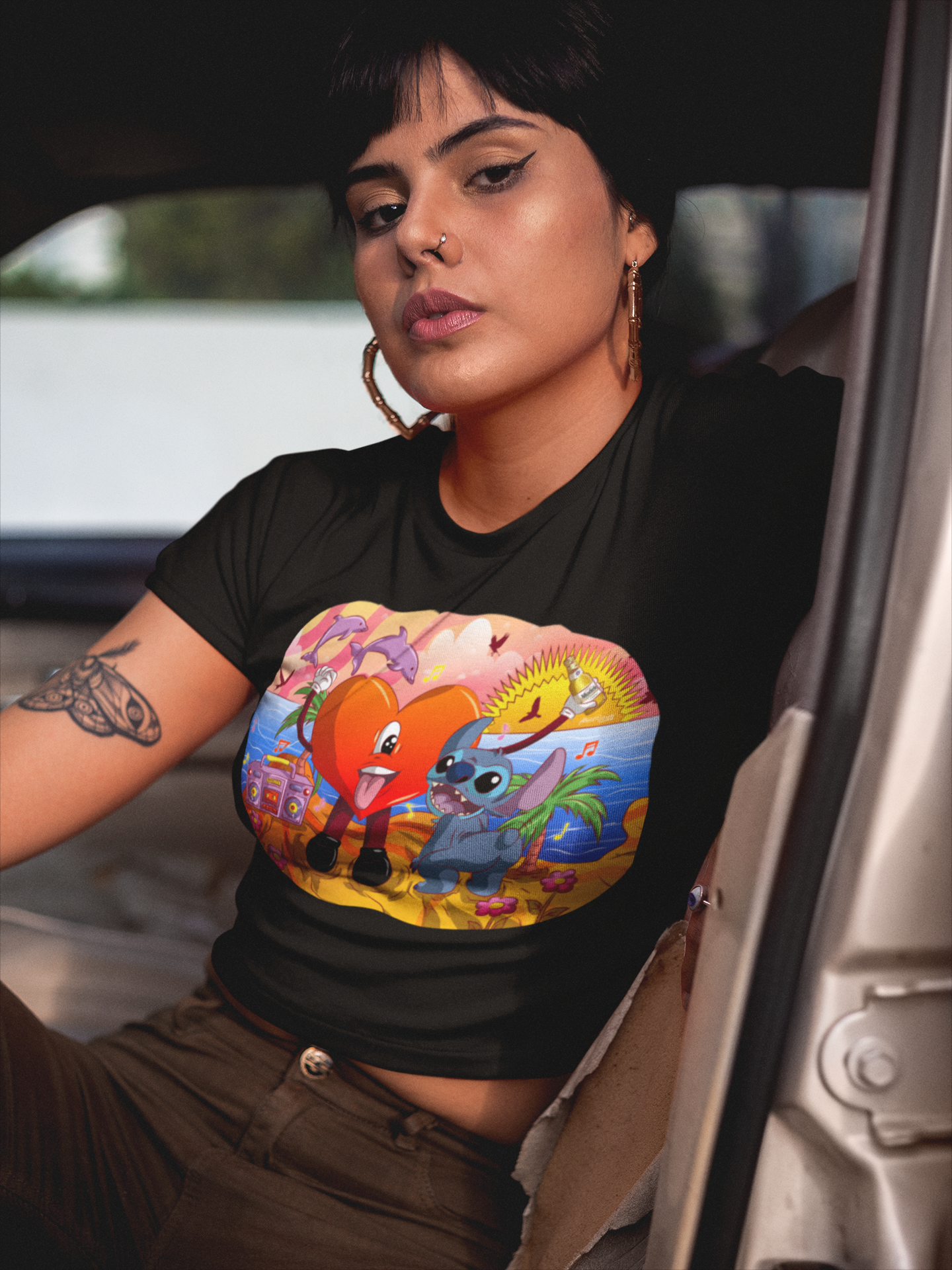 Twerk Mode Activated – Bad Bunny Heart & Stitch Beach Party Shirt (Unisex Funny Graphic Tee, Latin Pop x Cartoon Collab)